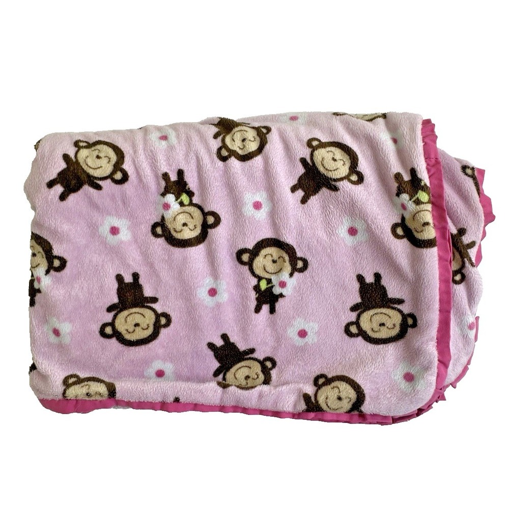 Carters Pink Sherpa Monkey Baby Blanket Flowers Smiling Hard to Find